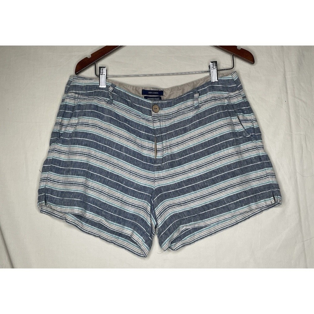 100% Linen Shorts Womens 12 British Khaki Blue White Stripe Euro-Summer Resort